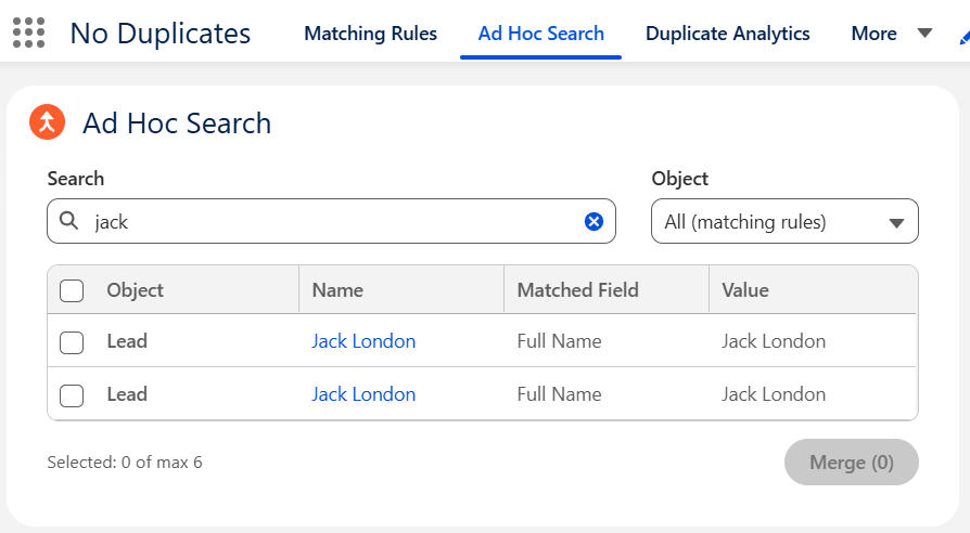 Ad Hoc Search tab in the No Duplicates app