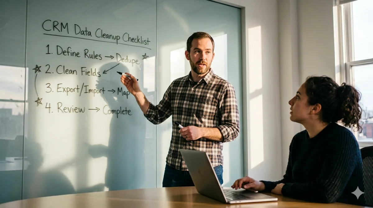 A team reviewing a CRM data cleanup checklist on a whiteboard