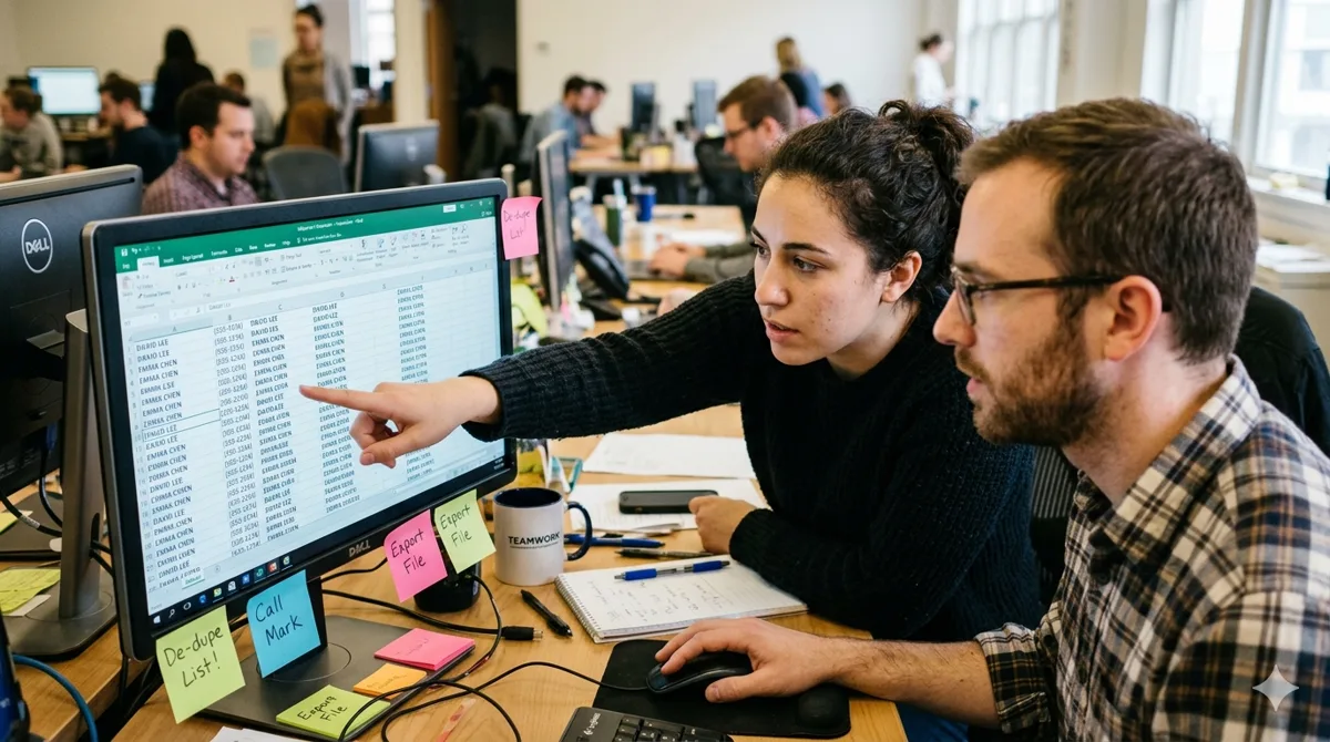 Two coworkers spotting duplicate records in a Salesforce contact list