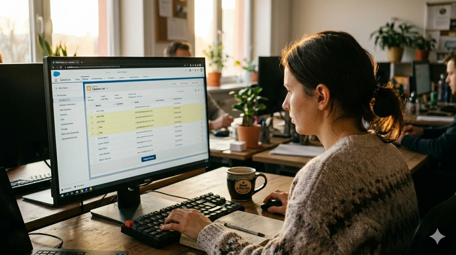 Salesforce administrator reviewing a CRM contact list with duplicate records highlighted