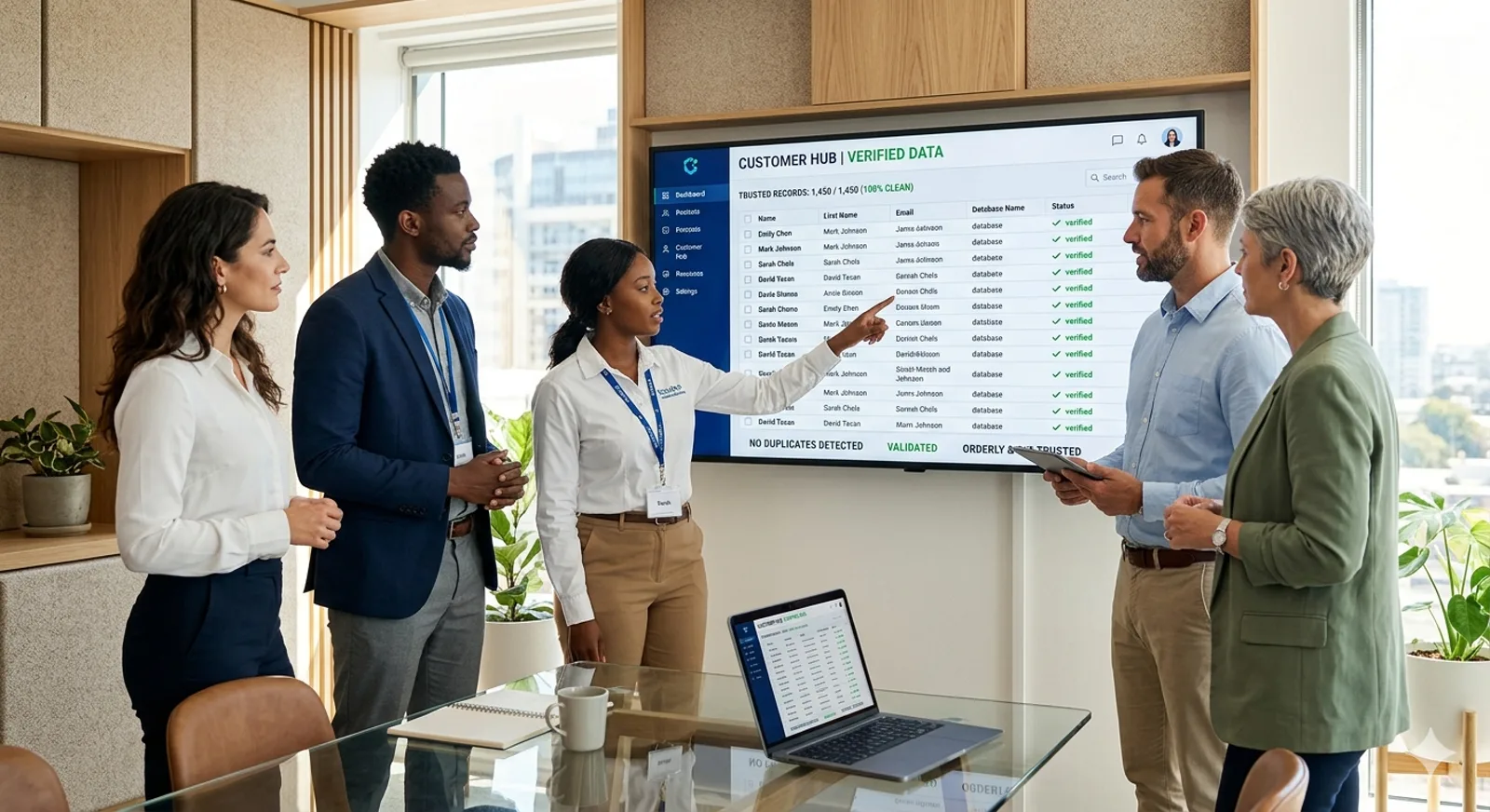 Salesforce data management best practices — a team reviewing a clean, deduplicated CRM dashboard