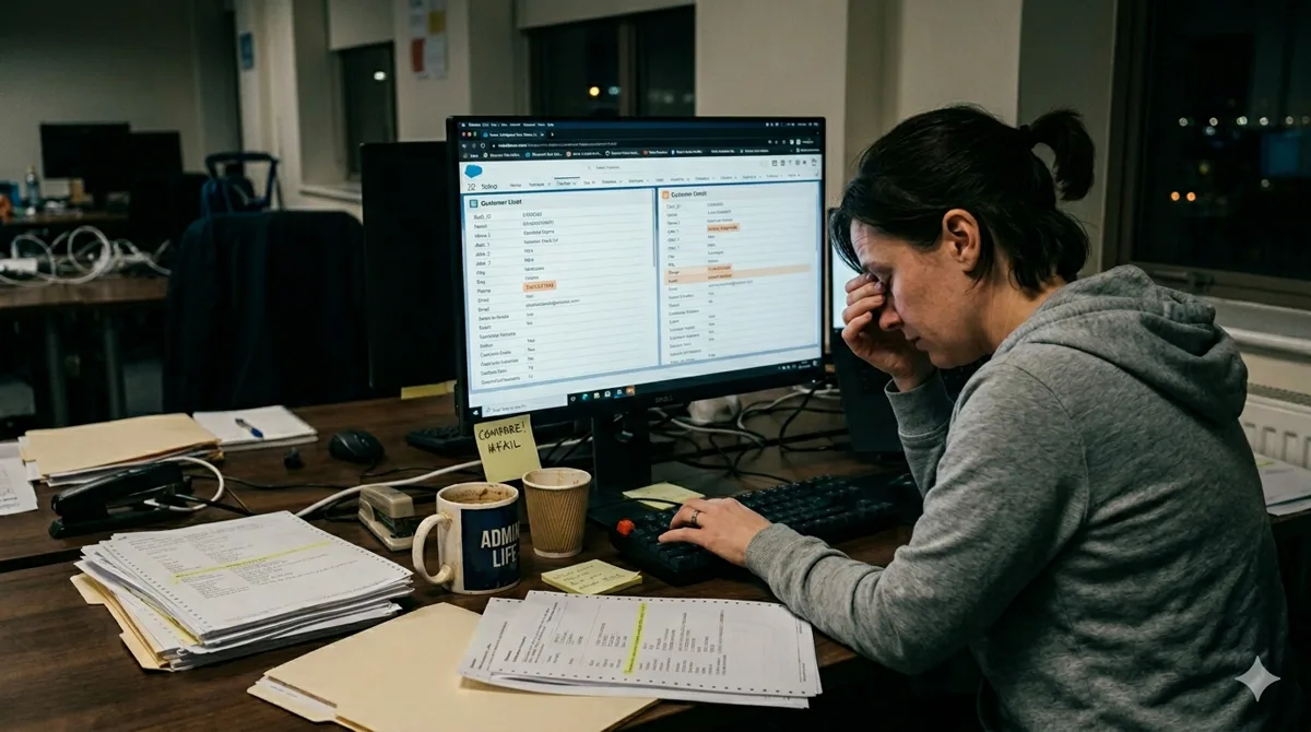 Admin manually merging duplicate Salesforce records one group at a time, late at night