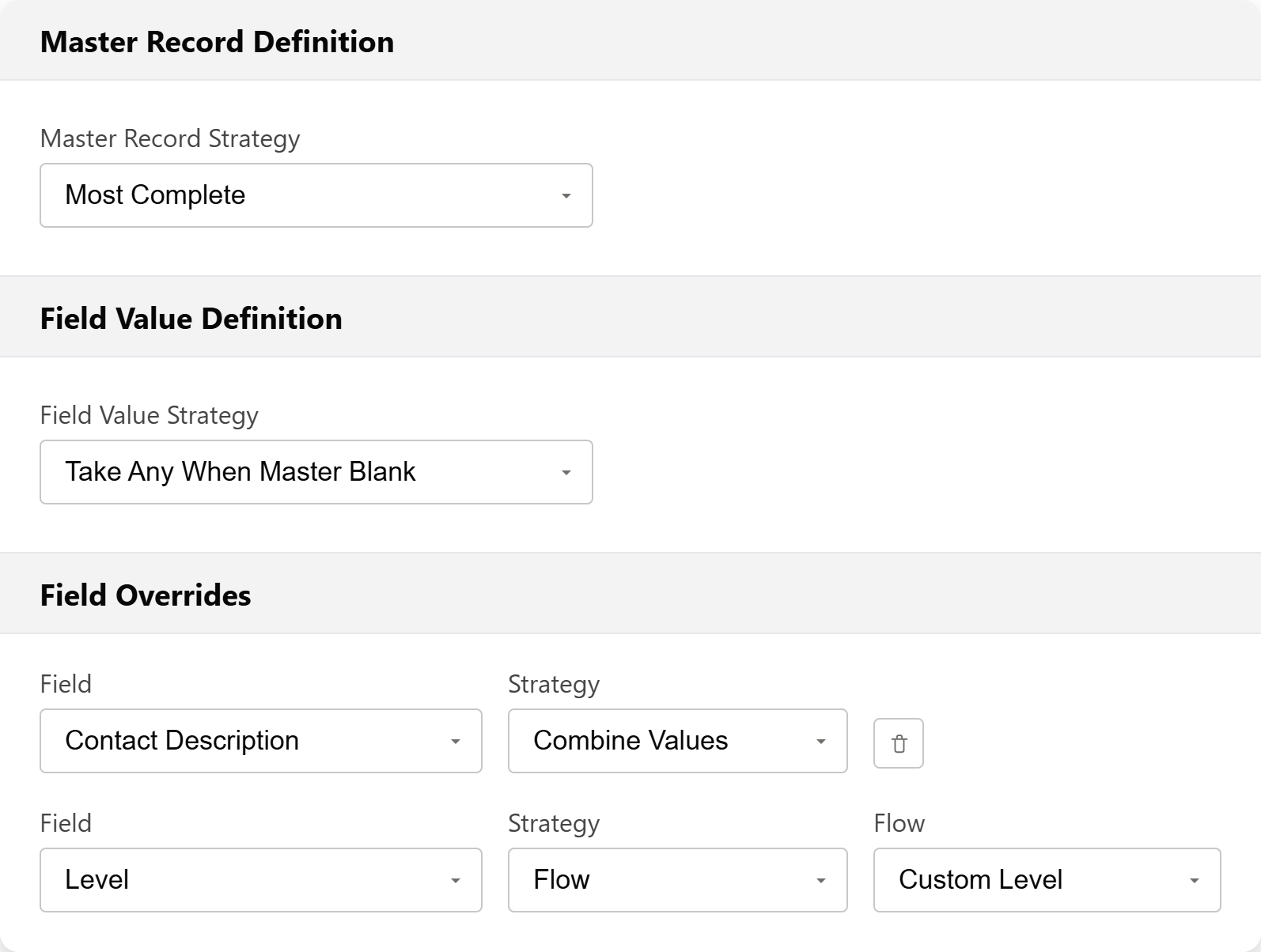 Auto-merge configuration with master record and field-level strategy selection