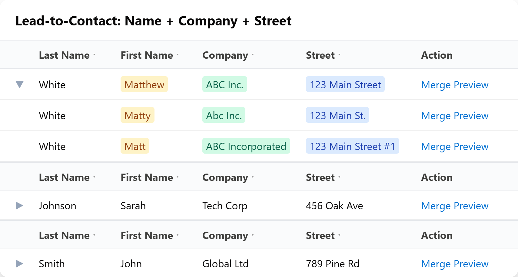No Duplicates bulk merge results showing grouped duplicates ready to merge