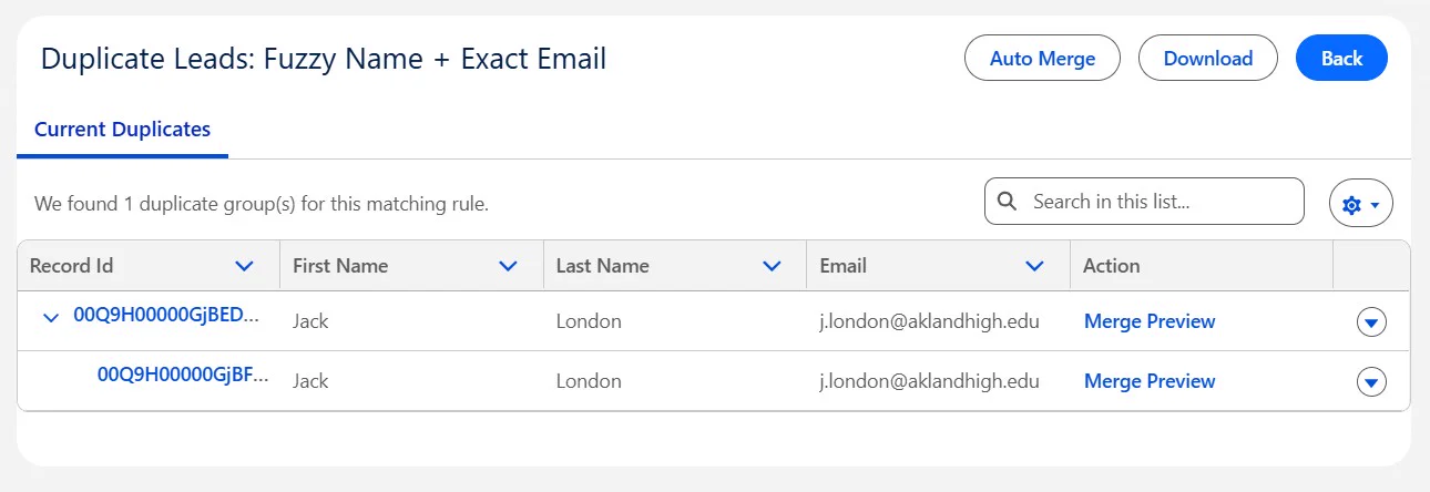 No Duplicates matching rule results in Salesforce — fuzzy name and exact email finding duplicate leads, with auto-merge and merge preview
