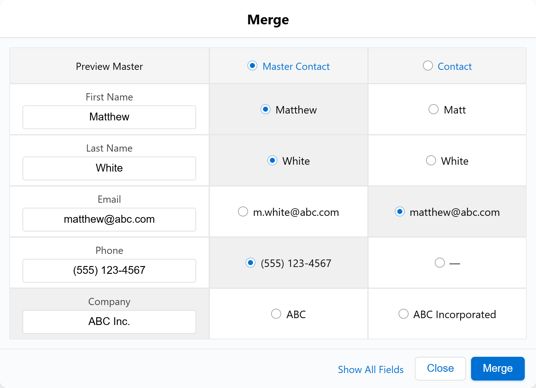 Merge preview showing only differing field values between duplicate records