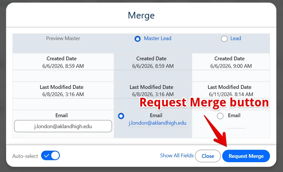Merge window with the Request Merge button