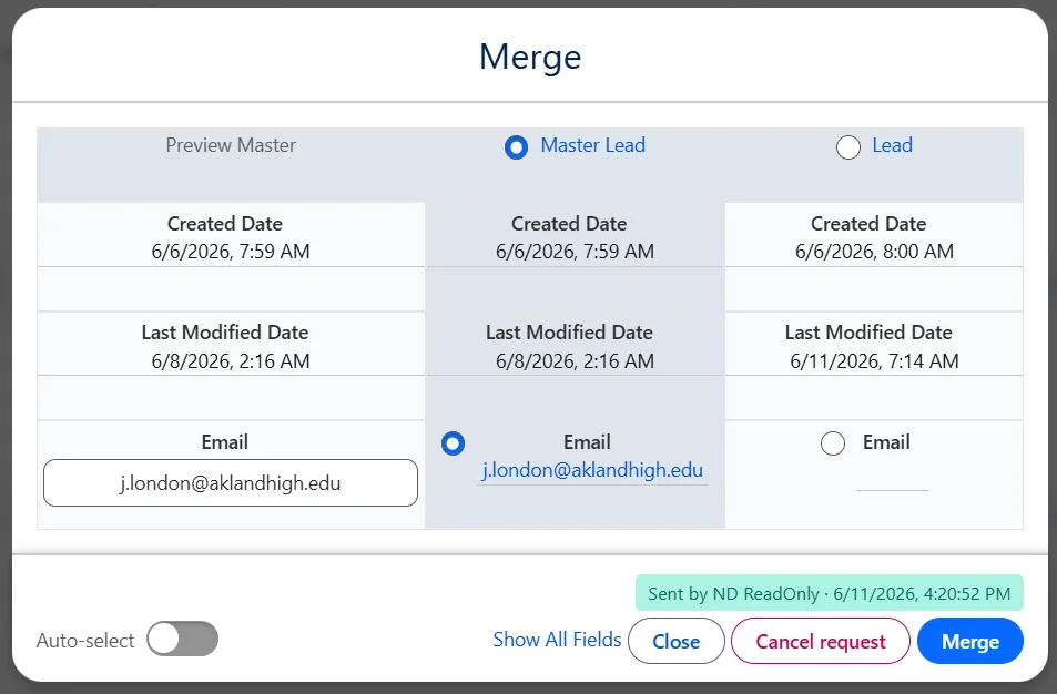 Merge window showing the Sent by banner and Cancel request button