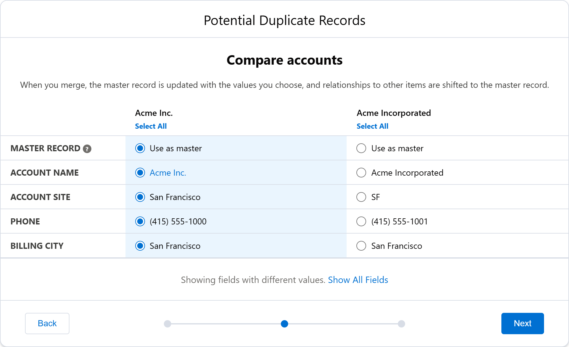 Field-by-field comparison during account merge in Salesforce Lightning