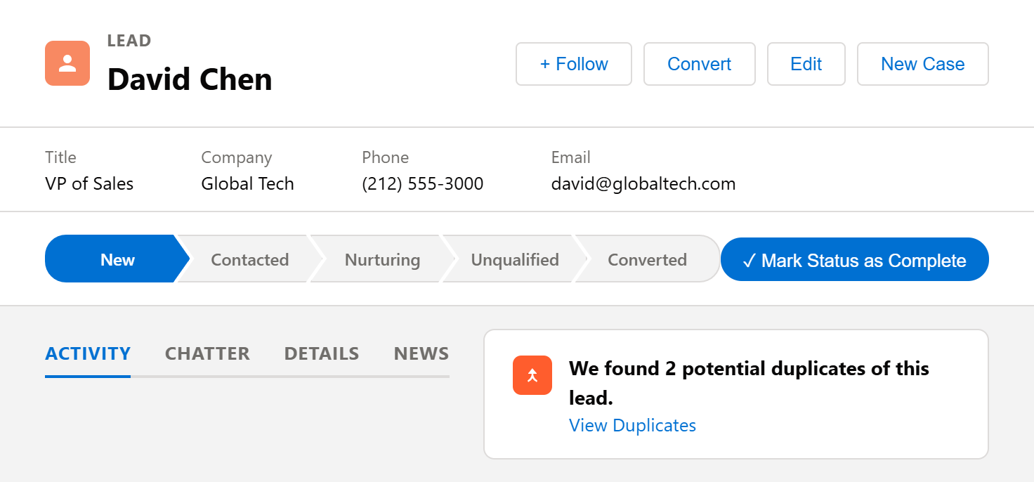 Potential Duplicates component on an Account record page in Salesforce Lightning