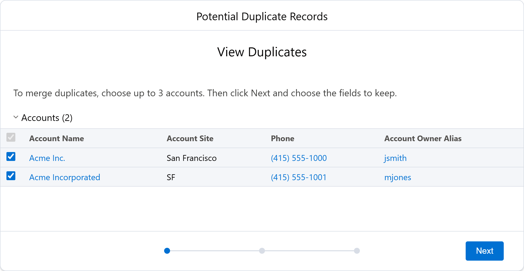 Selecting duplicate accounts to merge in Salesforce Lightning