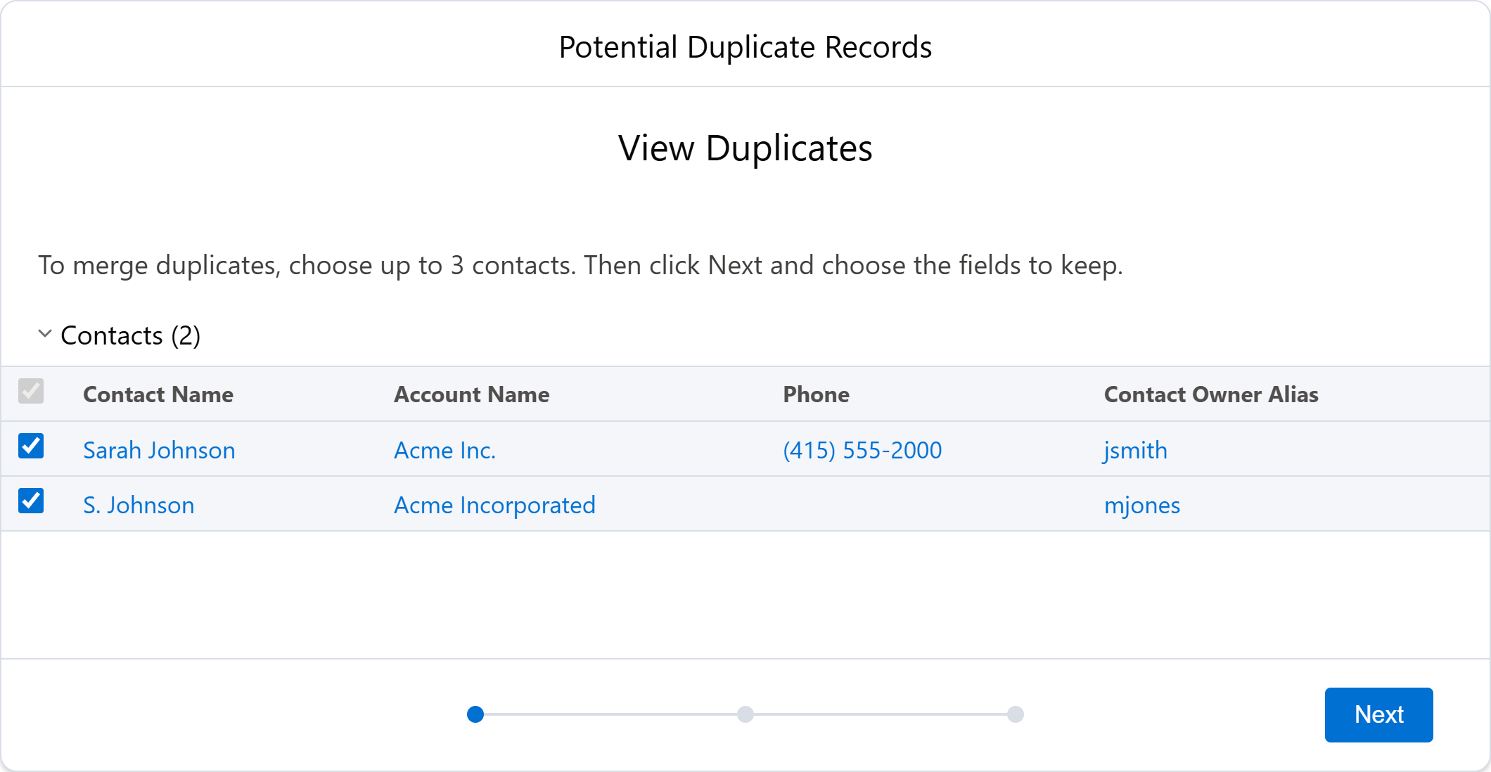Selecting duplicate contacts for merge in Salesforce Lightning