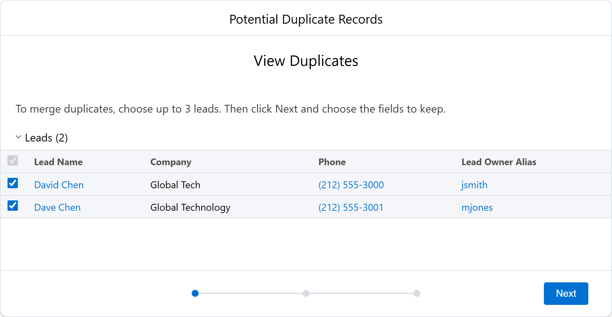 Selecting duplicate leads for merge in Salesforce Lightning